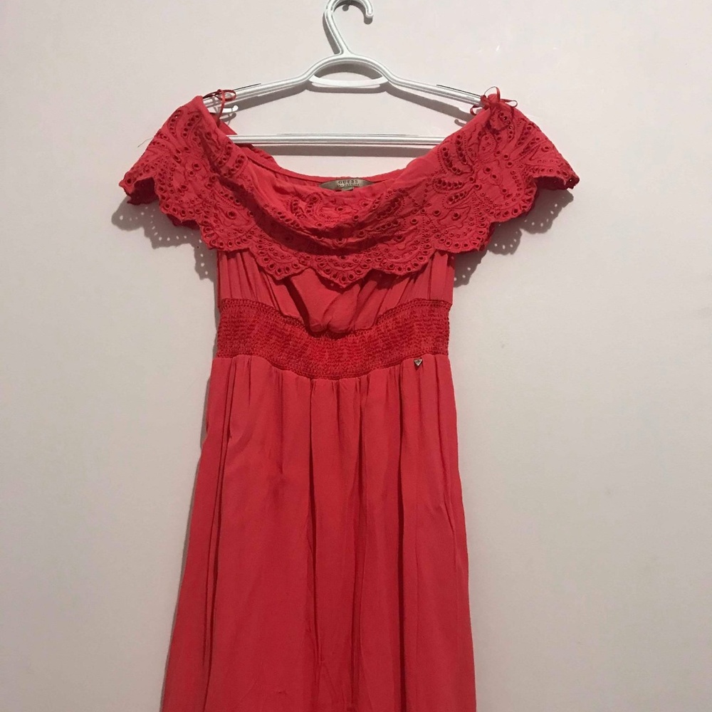 Guess off-shoulder coral dress XS
